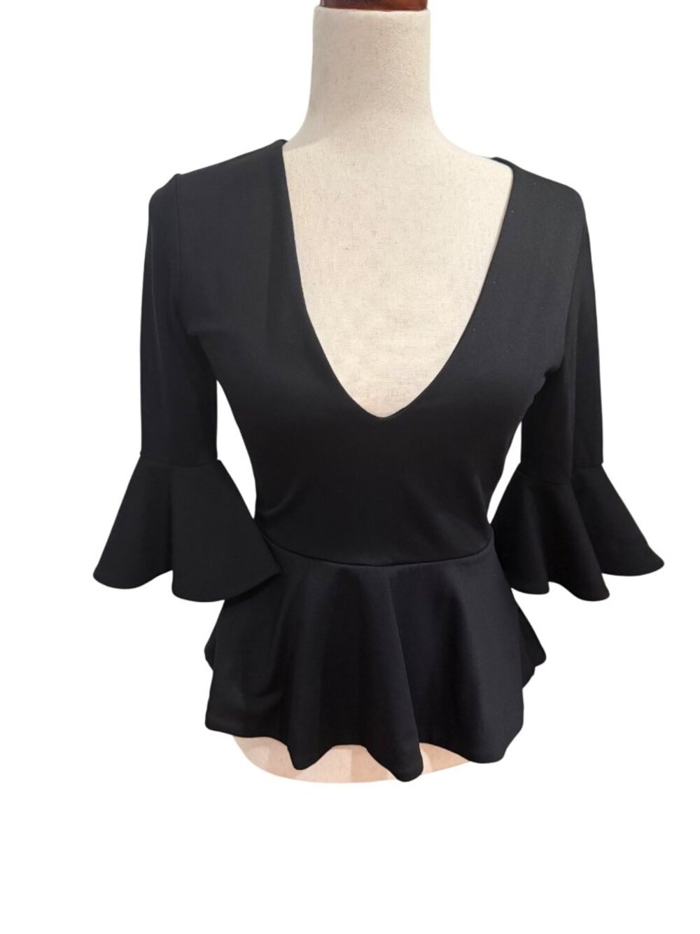 Susana Monaco Black Peplum Top Bell Sleeve V Neck Side Zip Stretch Size Small